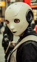 a man is wearing an humanoid face mask
