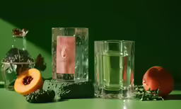 two clear vases filled with liquid sitting next to a fruit