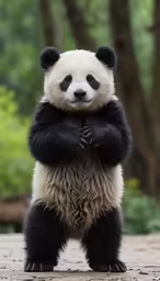 a panda bear with its arms crossed posing for the camera