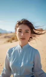 a beautiful woman standing in the sand dunes