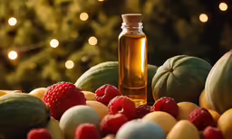 a close up shot of a bottle and some berries