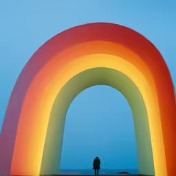 a person stands in front of an artwork designed to resemble a rainbow