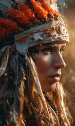 a woman in an elaborate head dress looks away from the camera