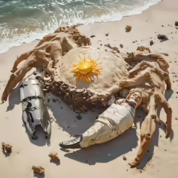 a sandy beach with an odd looking rock on it