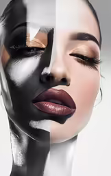a woman with her face partially removed with white and black art