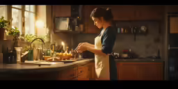 a lady in an apron is standing near a counter top while lighting a candle on the stove