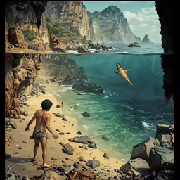 a boy watches as a plane glides over the ocean