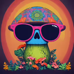 a painting of a strange looking object with sunglasses on,a cartoon bird with pink glasses and a hat with flowers and birds