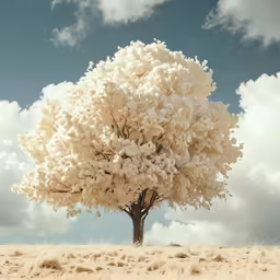 a lone tree covered in white frilly standing out in a barren area