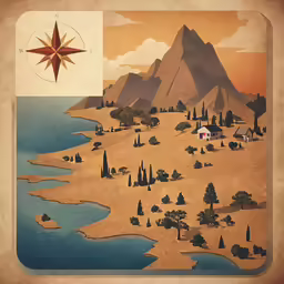 a view of the landscape with mountains, pine trees and a red star