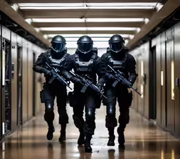 three men in riot gear walking down the hallway,three policemen wearing military gear are carrying rifles