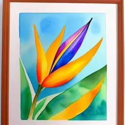 a painting of two colorful flowers on a white wall,colorful painting of a flower and leaves with a white background
