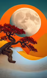 an art painting depicts a tree with the moon rising in the background