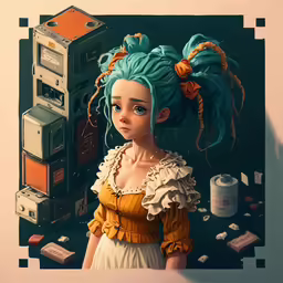 an anime woman has blue hair, an orange blouse and a pair of cassette recorders