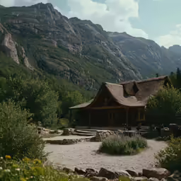 a small wooden house is located in front of a mountain