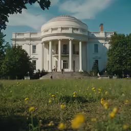 large white building in the foreground and yellow flowers on the ground
