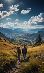 two people walking up a mountain trail with backpacks