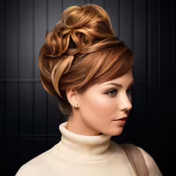 a woman with red hair, wearing a turtle neck sweater