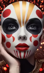 the woman is wearing a face painted in red and yellow