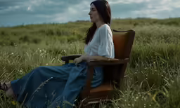 a young woman sitting in an armchair and looking at the camera