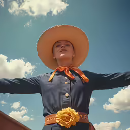 a lady wearing a hat and yellow ribbon tied to her belt