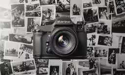 a camera sits in front of a background of photos