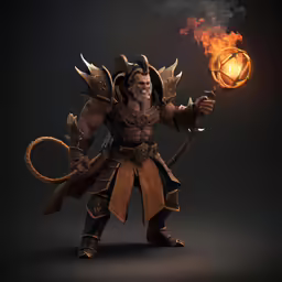 a man in brown costume holding up a fire