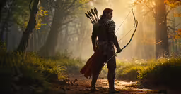 a male dressed in armor and holding two spears stands in a wooded area,the young man in armor is standing outside with a bow and arrow