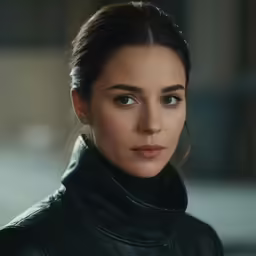 a woman in black leather jacket looking into the distance
