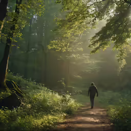 a person walking down a dirt road in the woods