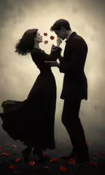 a man in a suit and woman in dress standing next to each other holding roses