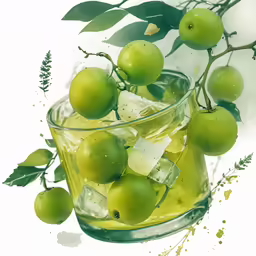 green apples are sitting in a glass vase with ice