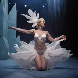 a woman in a white bikini and white tutu is posing