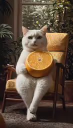 a white cat sitting in an orange chair