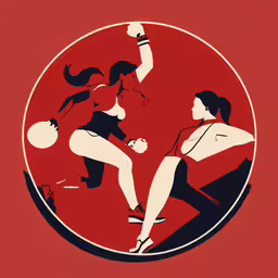 a red and black picture of two woman playing basketball,two girls in various poses on a red background