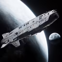 a space ship is floating in front of a big planet
