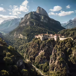 a castle on top of a mountain surrounded by mountains