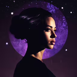 the silhouette of a woman with her head turned sideways looking into the distance,an attractive woman looking at the moon while standing under her hair