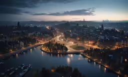 an aerial view of a city and a river at night
