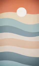 a painting with a sunset over a wavy ocean