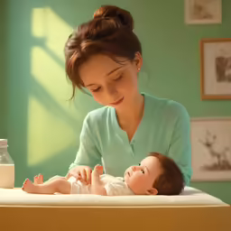 mother and baby looking at something on the table