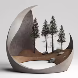 an outdoor sculpture of a landscape with a tree and two boulders