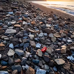 there is a red object on a rocky beach