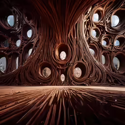 a group of tree stumps that are inside of a room