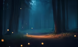 many yellow lights in the woods at night