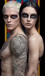 a couple with their faces covered and eyes painted white