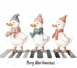 three ducks wearing scarves crossing a street