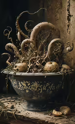 an old bowl filled with many items sitting on a table