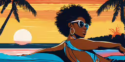 an african american woman wearing sunglasses and a bikini on a beach,a woman sitting in the water on top of a beach