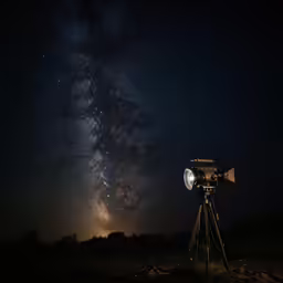 a telescope is positioned next to the camera on a tripod